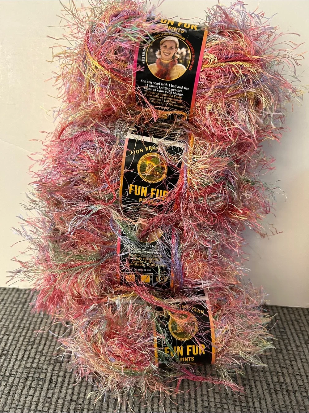 Lion Brand Fun Fur Prints Eyelash Yarn NEW x4 skeins Multicolor Pink Mix 40g ea